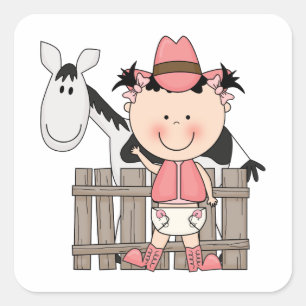 Sticker Carré Bébé mignon fille et cheval poney sur mesure Occid