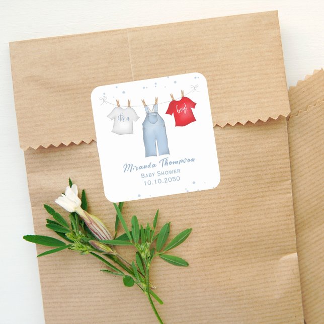 Sticker Carré Bébé mignon Garçon Whimsical Denim Bleu Vêtements  (Créateur téléchargé)