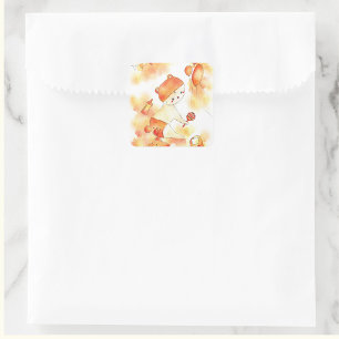 Sticker Carré Bébé Mignon & Jouets Aquarelle Orange 1er Annivers