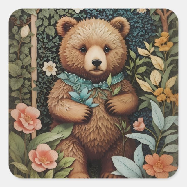 Sticker Carré Bébé mignon Ours Brown William Morris Inspiré (Devant)