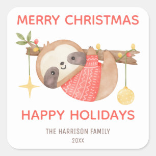 Sticker Carré Bébé mignon Sloth Joyeuses vacances Noël