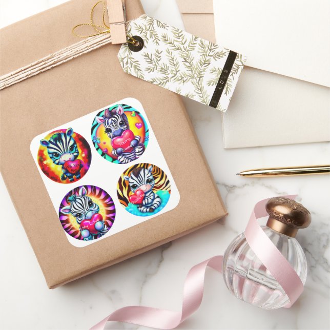 Sticker Carré Bébé mignon Zèbres avec Coeurs (Cadeaux)