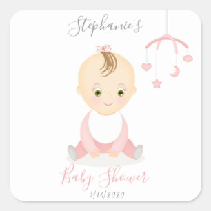 Sticker Carré Bébé mignonne fille et son Baby shower mobile