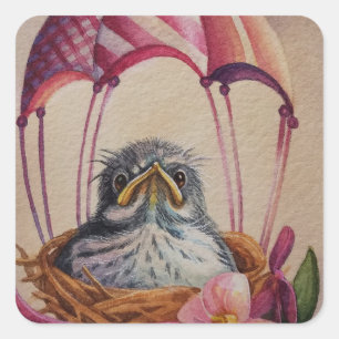 Sticker Carré Bébé oiseau flambant rose Parachute Aquarelle Art