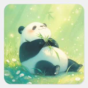 Sticker Carré Bébé Panda Mignon Grignotant du Bambou