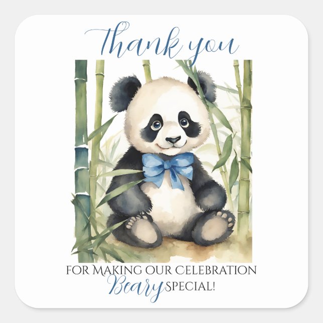 Sticker Carré Bébé Panda ours Garçon Baby shower Merci (Devant)