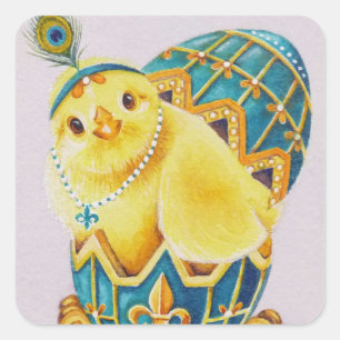 Sticker Carré Bébé Pâques Plapper Poulette Bleu Oeuf Aquarelle A