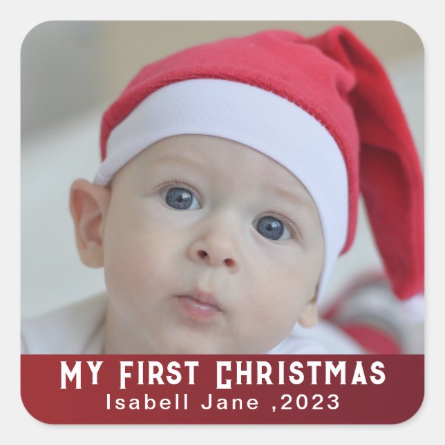 Sticker Carré Bébé | Première photo de Noël (Devant)