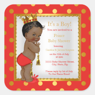 Sticker Carré Bébé Prince Fête de Naissance Rouge Or Garçon Ethn