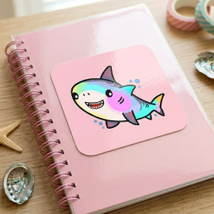 Sticker Carré Bébé Requin Kawaii Adorable avec Pastels Arc-en-Ci
