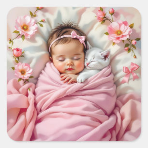 Sticker Carré Bébé rose floral fille et chaton blanc