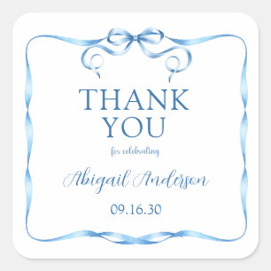 Sticker Carré Bébé Ruban Aquarelle Bleu Remerciement Baby Sprink