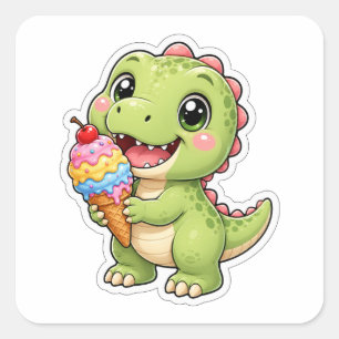 Sticker Carré Bébé T-Rex Mignon avec Art de Crème Glacée
