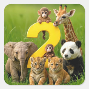 Sticker Carré Bébés Animaux Africains Avec un Grand Numéro Deux