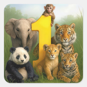 Sticker Carré Bébés Animaux Sauvages Avec un Numéro Un