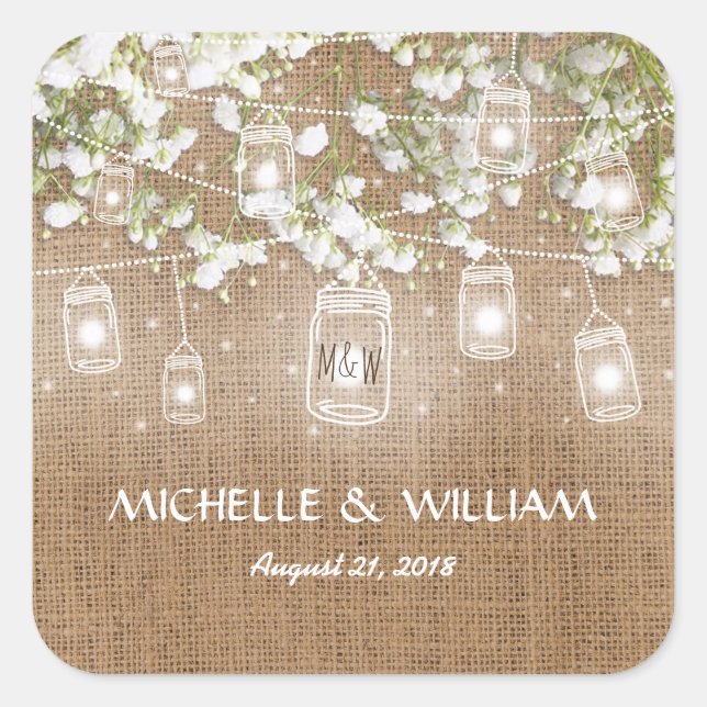 Sticker Carré Bébé's Breath Rustic Burlap Mariage (Devant)