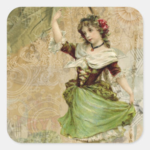 Sticker Carré Bécasseau de Rose rouge verdoyant de Victorian