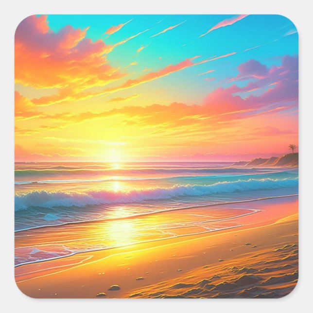 Sticker Carré Bel coucher de soleil sur l'Ocean Sandy Beach (Devant)