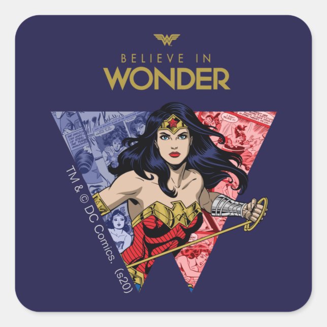 Sticker Carré "Believe In Wonder" Wonder Woman Lasso Comic Logo (Devant)