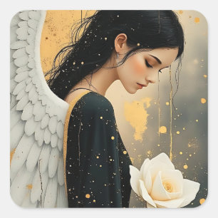 Sticker Carré Belle Ange Gothique et Rose Blanche Céleste