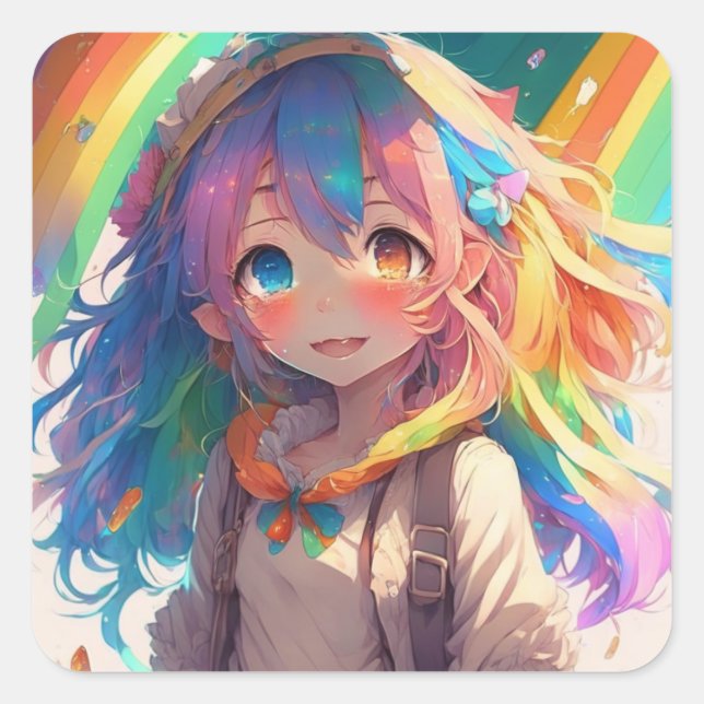 Sticker Carré Belle Anime Arc En Ciel (Devant)