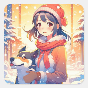 Sticker Carré Belle Anime Girl avec Husky Dog Noël