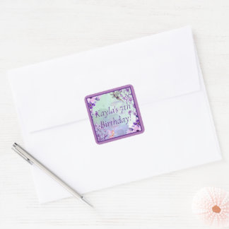 Sticker Carré Belle Aquarelle Fée Purple Monogramme Nom
