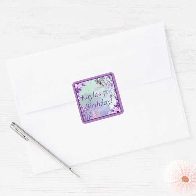 Sticker Carré Belle Aquarelle Fée Purple Monogramme Nom (Enveloppe)