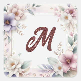 Sticker Carré Belle aquarelle Florale Monogramme botanique