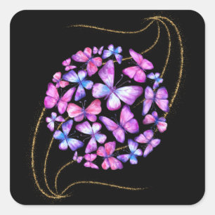 Sticker Carré Belle Aquarelle Papillons avec Boule d'Or