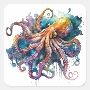 Sticker Carré Belle aquarelle pieuvre