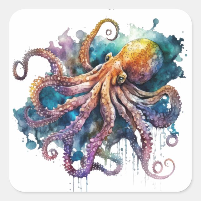 Sticker Carré Belle aquarelle pieuvre (Devant)