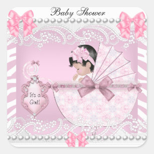 Sticker Carré Belle Baby Shower Zèbre Bébé Fille Rose Dentelle