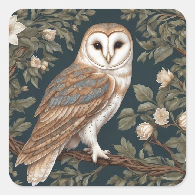 Sticker Carré Belle Barne Owl William Morris Inspiré (Devant)