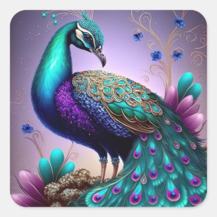 Sticker Carré Belle couleur Peacock Paon Bird faune