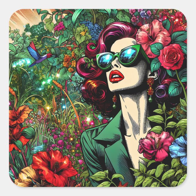 Sticker Carré Belle Femme dans le Jardin des Fleurs (Devant)