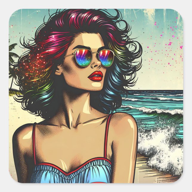 Sticker Carré Belle femme sur la plage Comic Book Pop Art (Devant)