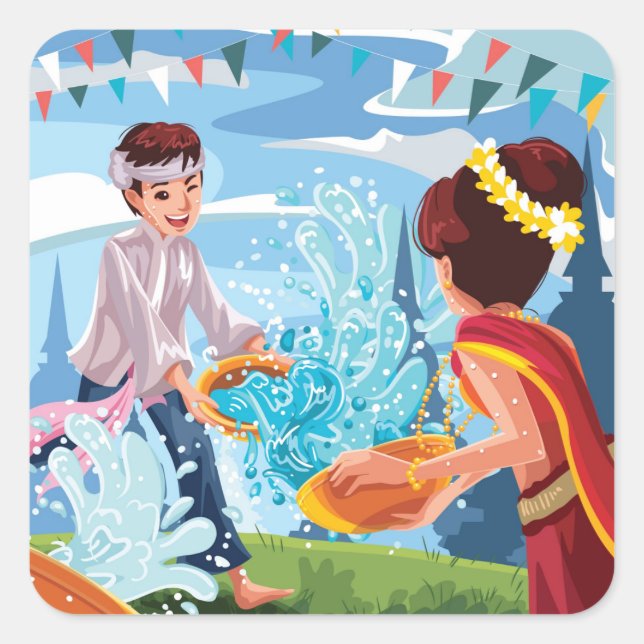 Sticker Carré Belle fête de Songkran Jouer de l'eau (Devant)