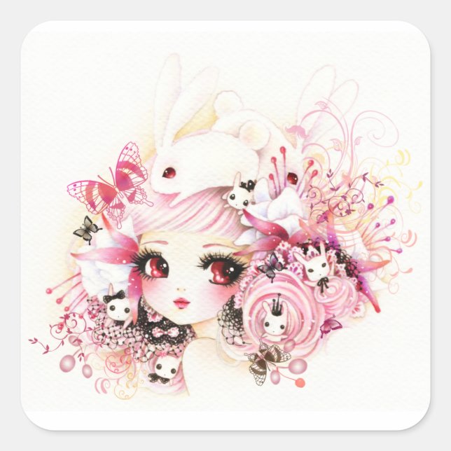 Sticker Carré Belle fille avec des lapins mignons (Devant)