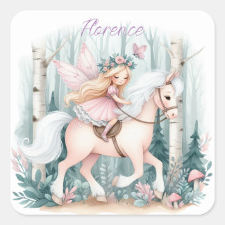 Sticker Carré Belle fille de fée à cheval dans une forêt enchant