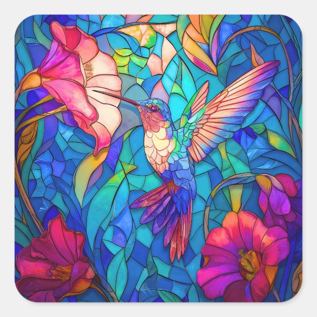 Sticker Carré Belle Fleur de colibri Jardin Vitrail (Devant)