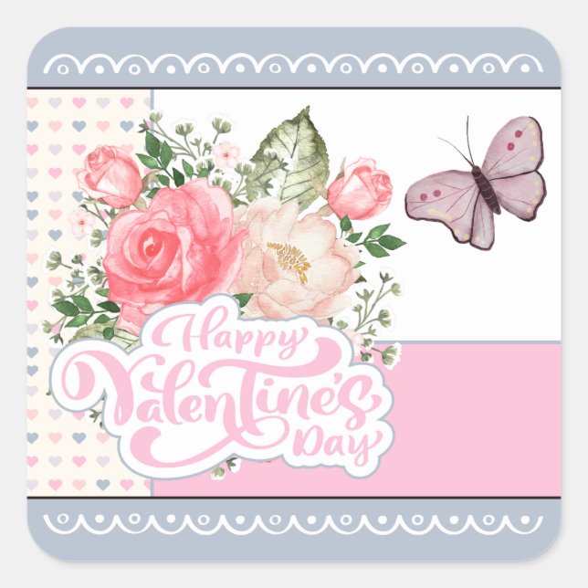 Sticker Carré Belle florale et papillon Saint-Valentin (Devant)