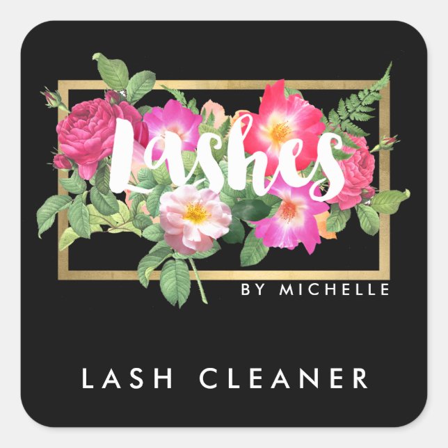 Sticker Carré Belle Florales Lash Extensions Lash Nettoyeur Blac (Devant)