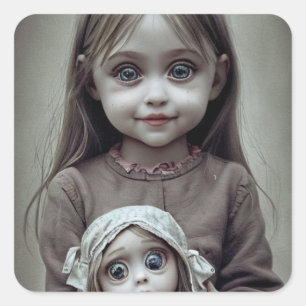 Sticker Carré Belle Petite fille avec poupée d'antiquité Déplais