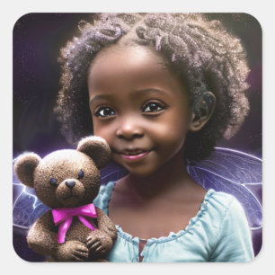 Sticker Carré Belle petite fille tenant un ours en peluche