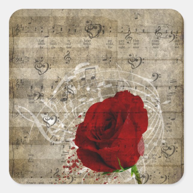 Sticker Carré Belle rose rouge notes piano tourbillonné (Devant)