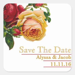 Sticker Carré Belle Rose rouge or florale Enregistrer la date