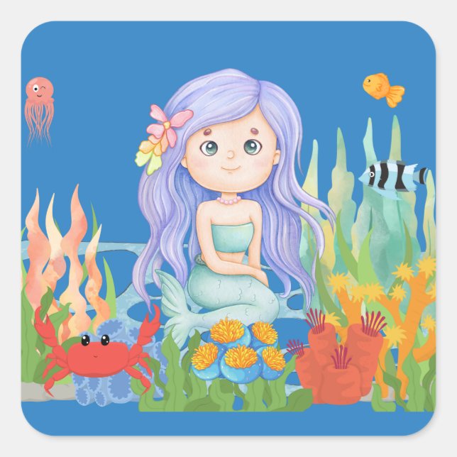 Sticker Carré Belle sirène PURPLE HAIR jouant dans la mer (Devant)
