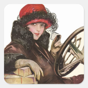 Sticker Carré Belle, une femme vintage qui fait ses courses de N