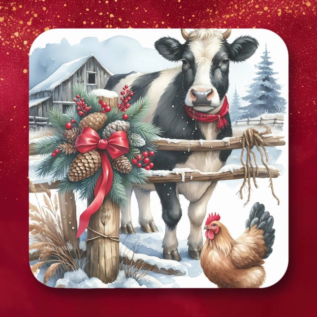 Sticker Carré Belle vache de vacances avec coq Noël (Créateur téléchargé)